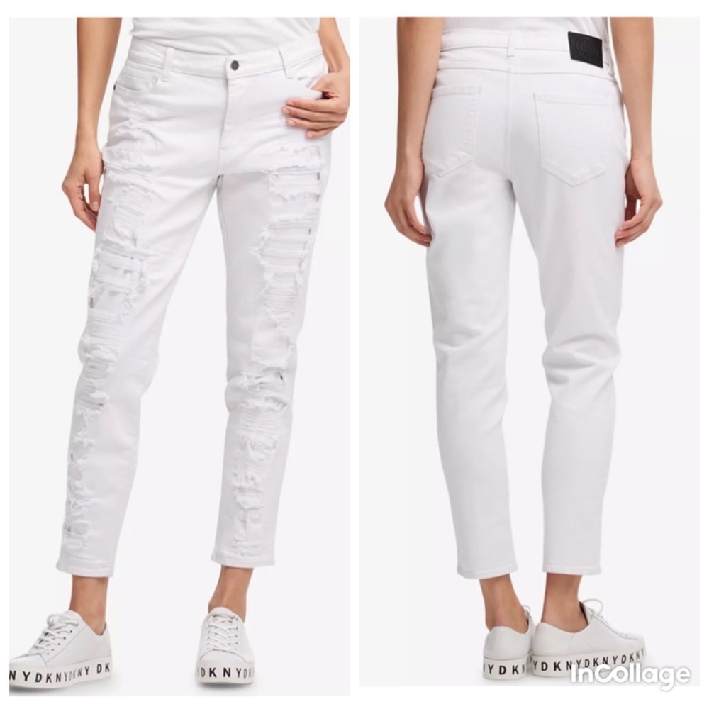 ✅ DKNY Woman’s Ripped White Boyfriend Ankle Jeans size 26 98% cotton 2% elastane